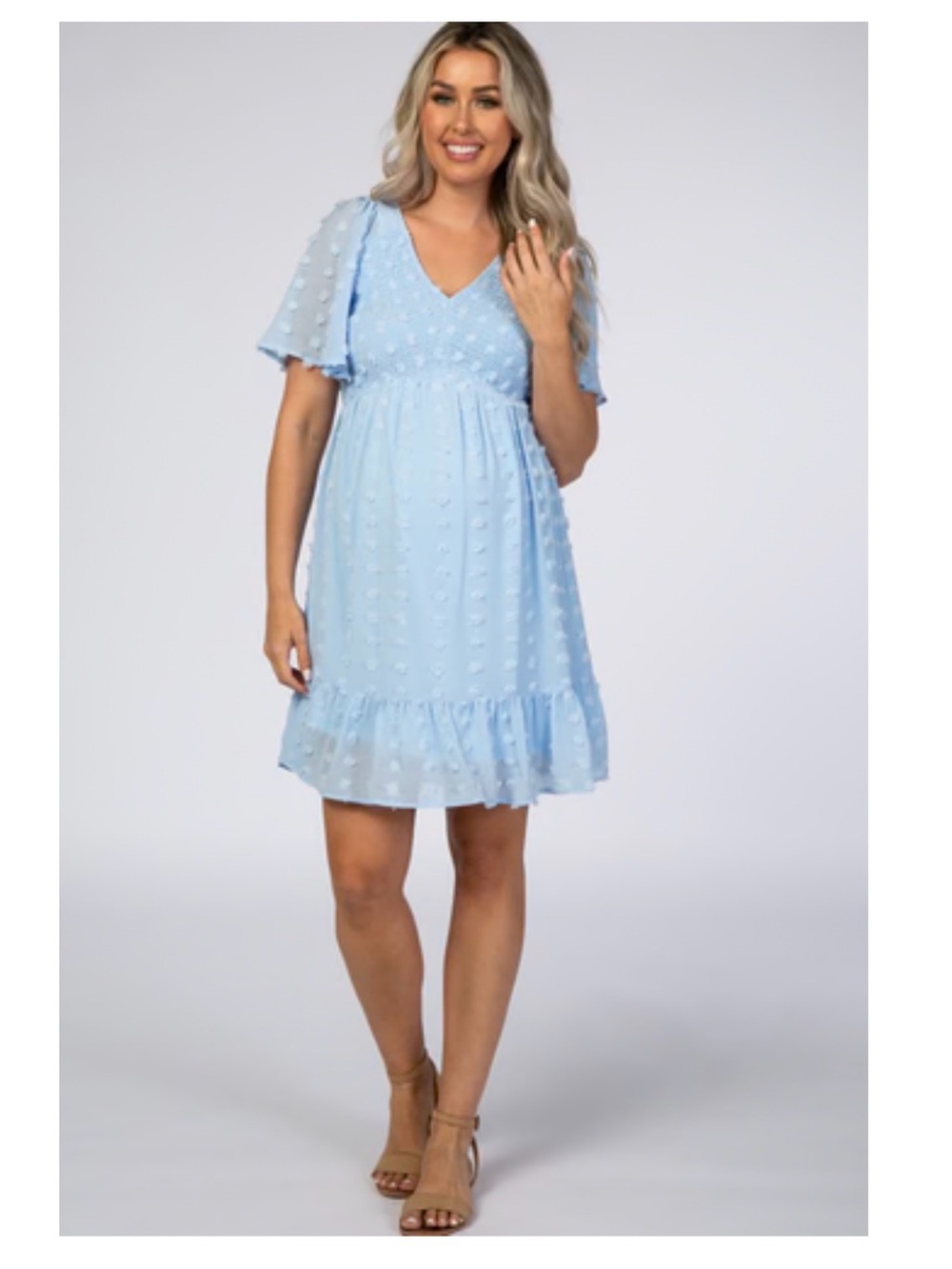 Maternity V-Neck Light Blue Swiss Dot Ruffle Dress
